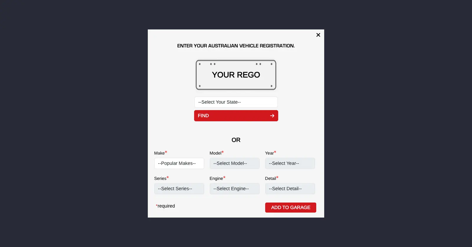Allied Auto's "set your vehicle" rego interface